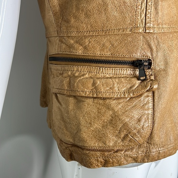 Jakett New York Sz M Tan Leather Vest Jacket with Detachable Knit Sweater Hood - Picture 9 of 9